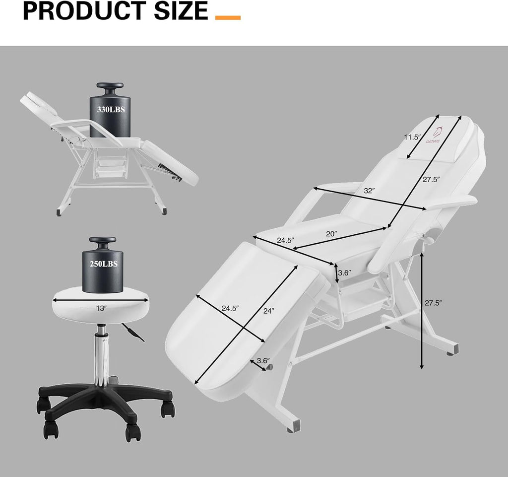 Facial Chair,73″ Tattoo Chair for Client,3-Section Adjustable Massage Table with Stool,Multipurpose Beauty Beds Salon