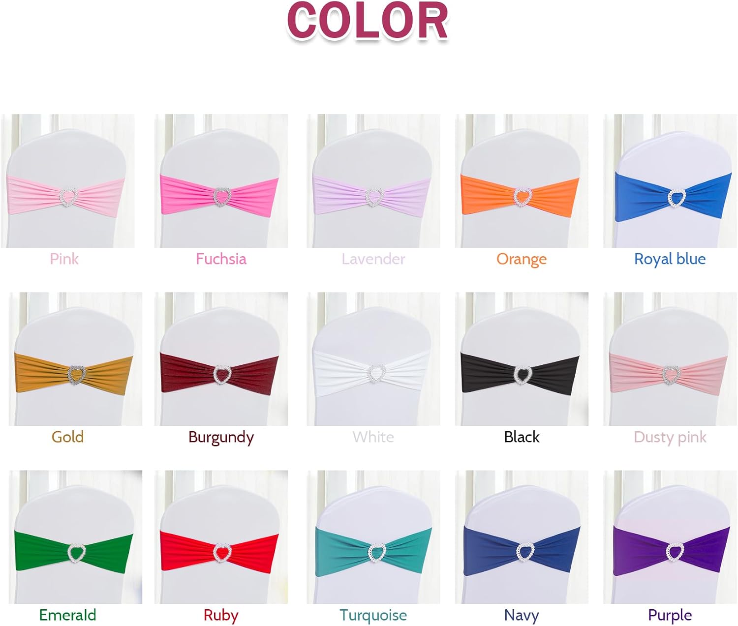 Pack of 30 Spandex Chair Sashes Bows Stretch Chair Cover Band with Buckle Slider Universal Elastic Chair Ties for