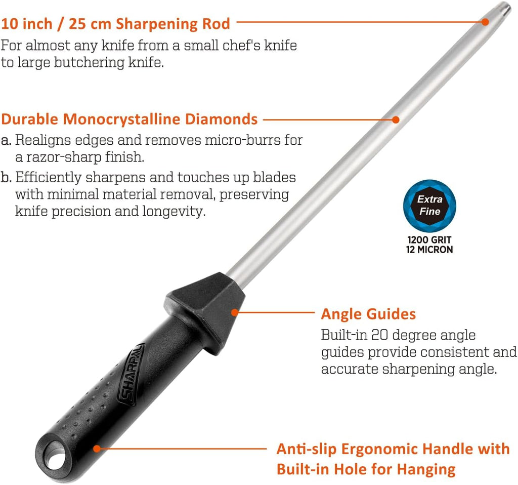 119N Diamond Sharpening Steel Professional Knife Sharpener | Solid Honing Rod Built-In Angle Guides, Sharpens &