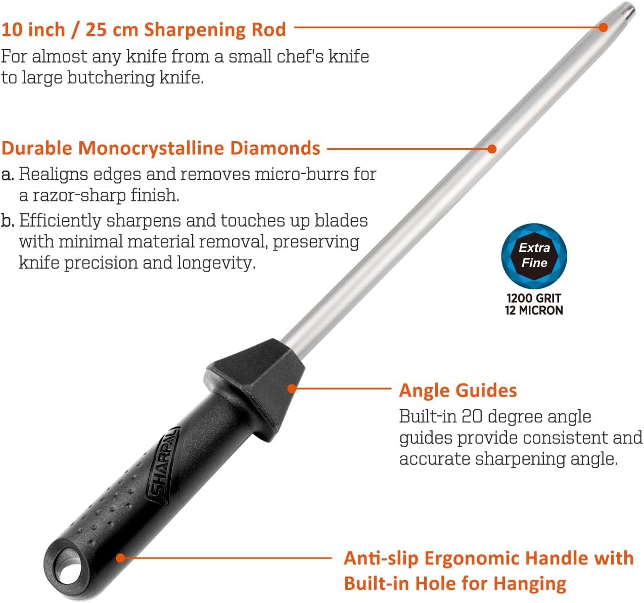 119N Diamond Sharpening Steel Professional Knife Sharpener | Solid Honing Rod Built-In Angle Guides, Sharpens &