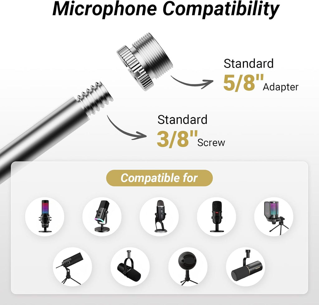 Microphone Arm Stand, Adjustable Suspension Boom Scissor Mic Stand with Pop Filter, 3/8" to 5/8" Adapter, Excellent
