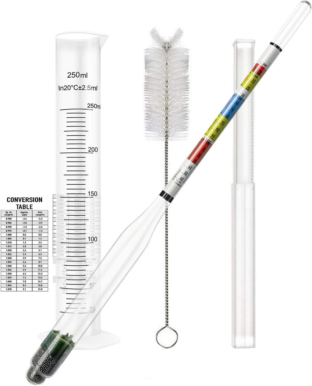 Hydrometer and Test Jar for Wine, Beer and Kombucha - Including 250ml Plastic Cylinder, Cleaning Brush and ABV
