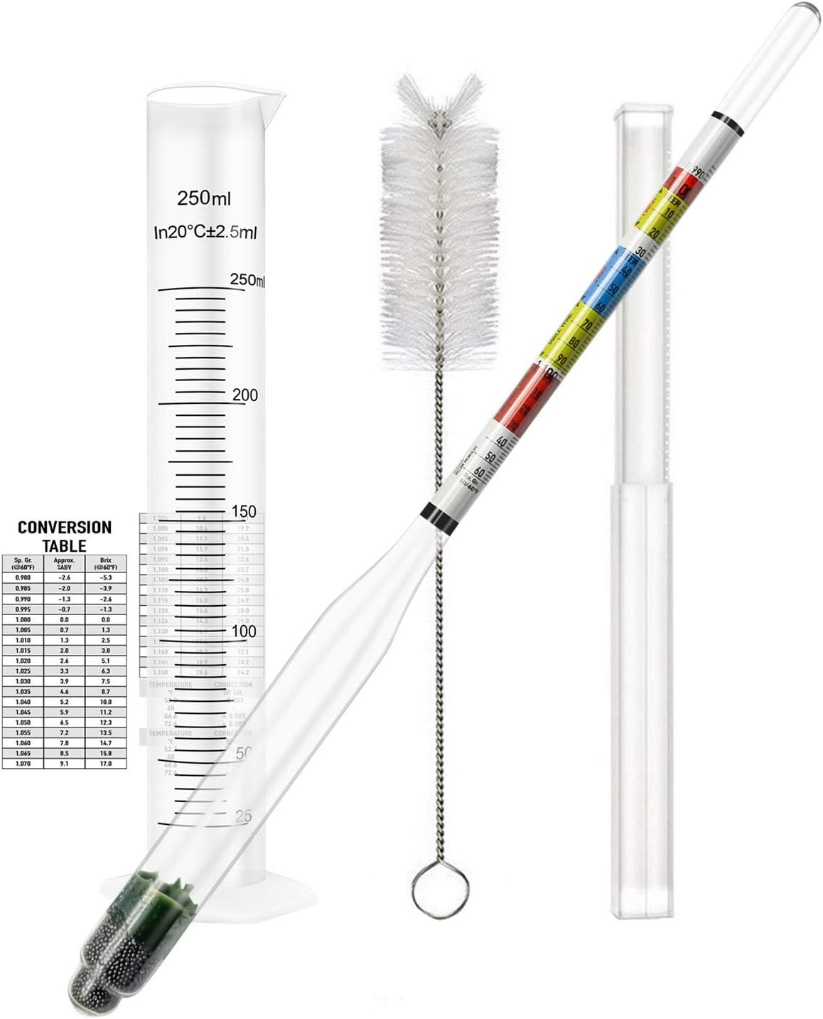 Hydrometer and Test Jar for Wine, Beer and Kombucha - Including 250ml Plastic Cylinder, Cleaning Brush and ABV