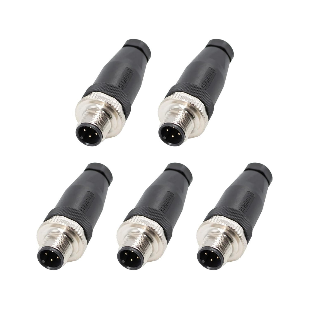Elecbee 5PCS M12 4 Pin Connector Field Wireable A Code Straight Male Plug Non-Shield 12mm Industrial Circular Connector, Outdoor Waterproof IP67