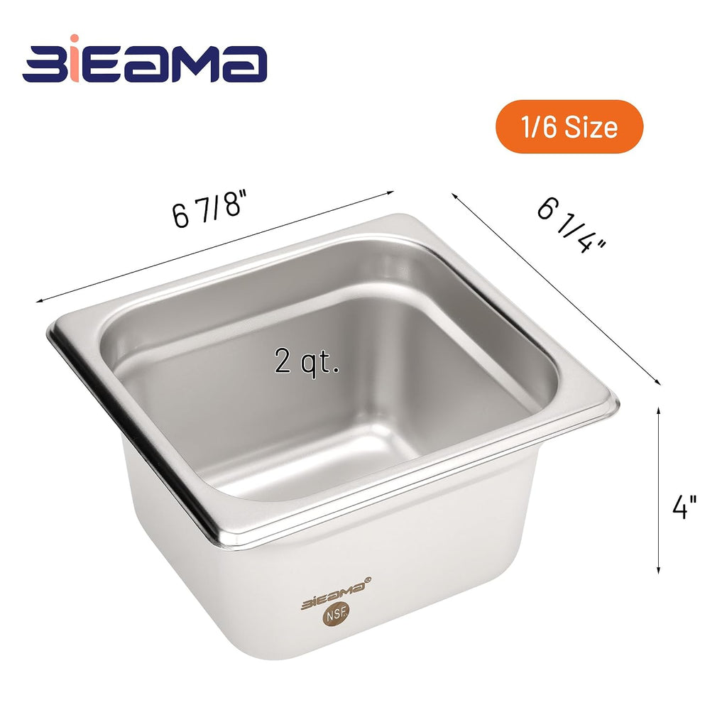 6 Pack Hotel Pans, 1/6 Size 4" Deep, NSF Stainless Steel Pan
