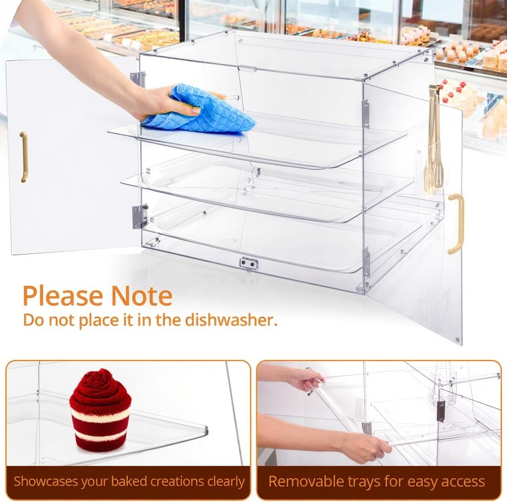 Pastry Display Case 3 Tray, Acrylic Bakery Display Countertop - Detachable Tray, Transparent Clear Sturdy Versatile