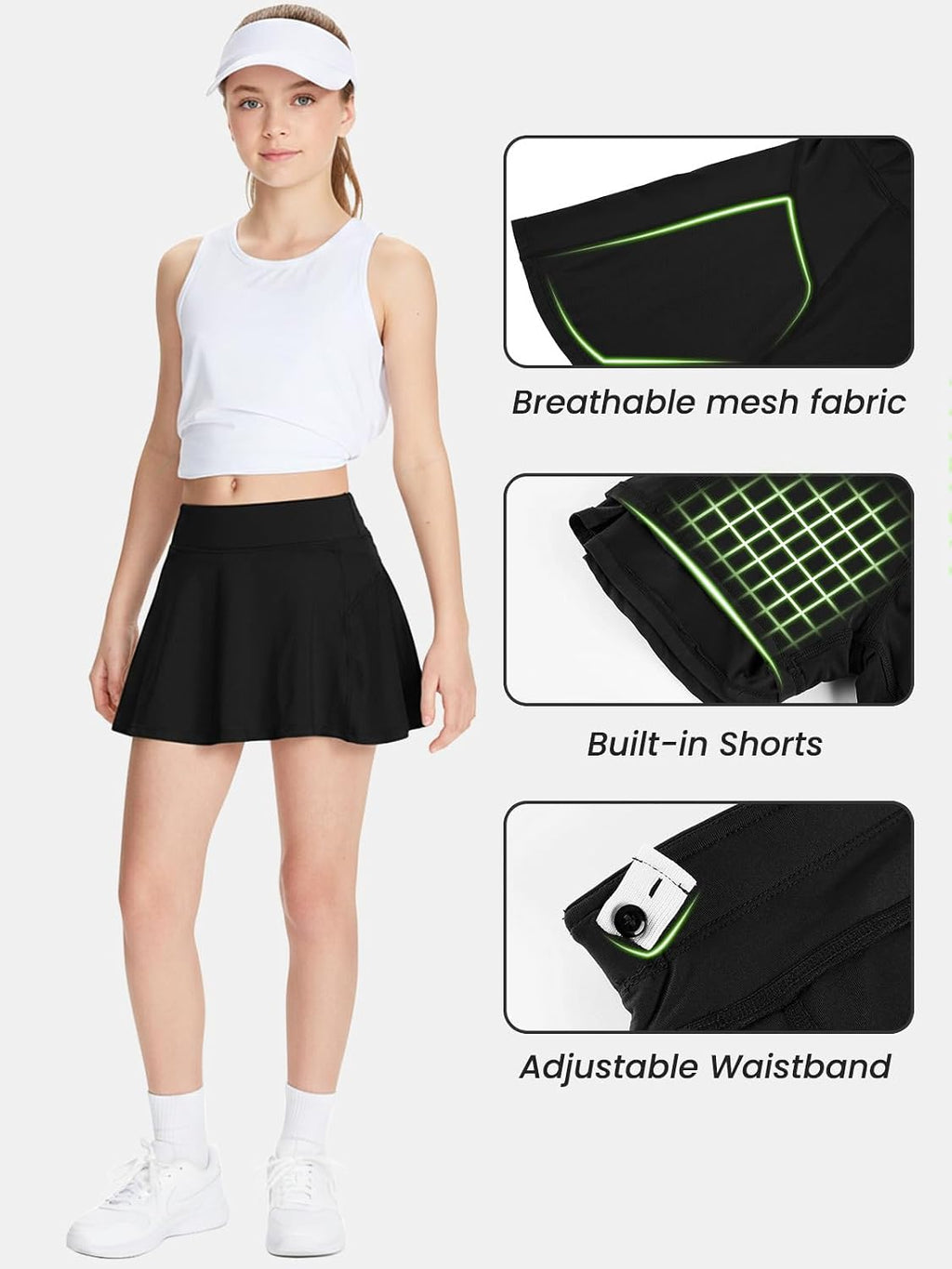 Girls Tennis Skirts Stretch Adjustable Waist Youth Golf Athletic Pleated Skorts Lining Kids Cheer Shorts Pocket