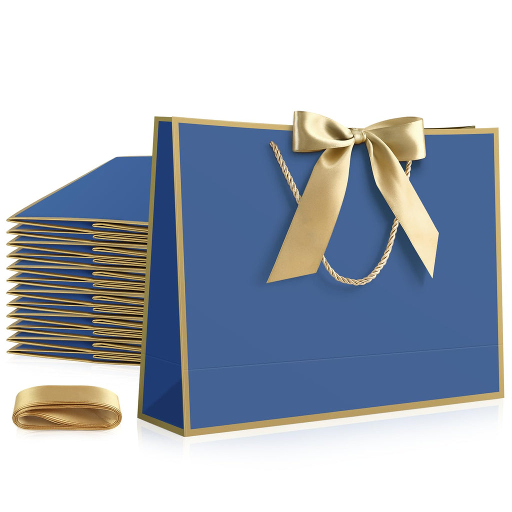 12 Pcs Blue Paper Gift Bags with Ribbon Handle