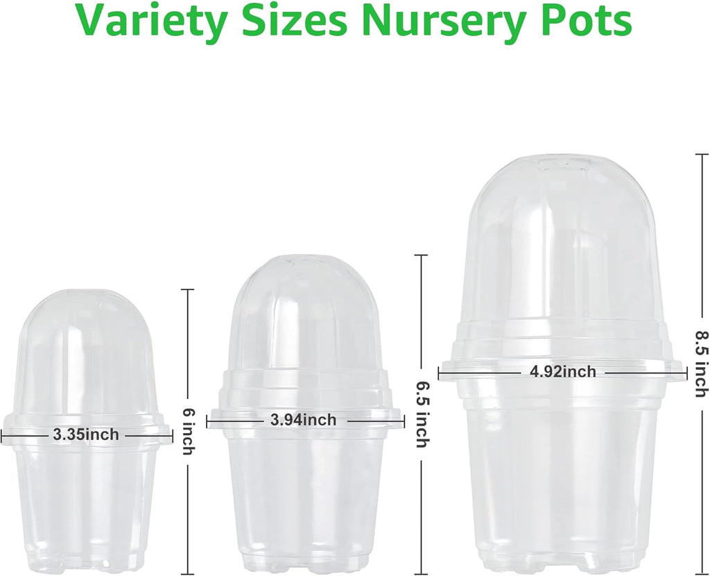 Clear Nursery Pots with Humidity Domes, 3.5/4/5 Inch, 36-Pack | Clear PET, 12 Each of 3 Sizes, Root and Moisture