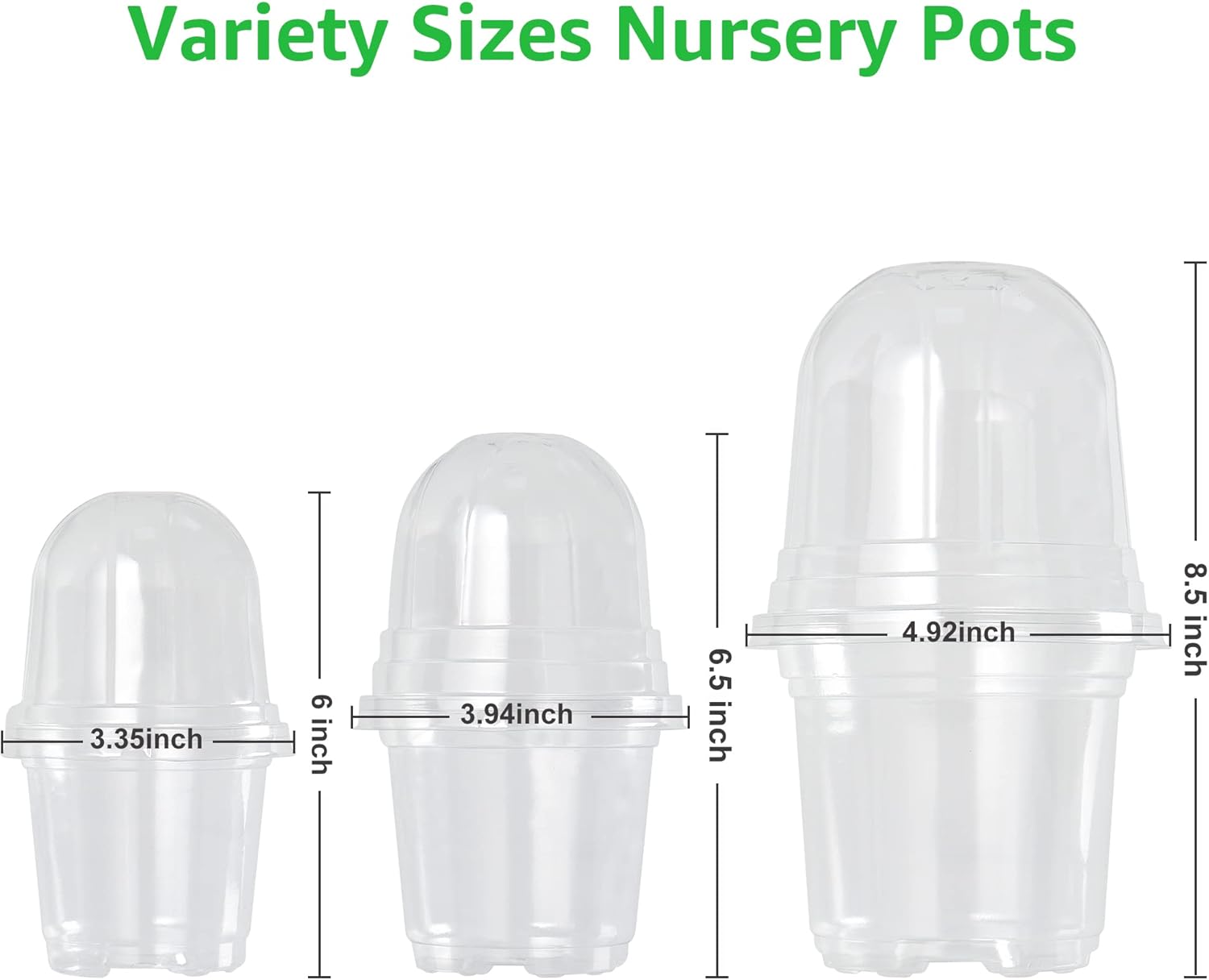 Clear Nursery Pots with Humidity Domes, 3.5/4/5 Inch, 36-Pack | Clear PET, 12 Each of 3 Sizes, Root and Moisture