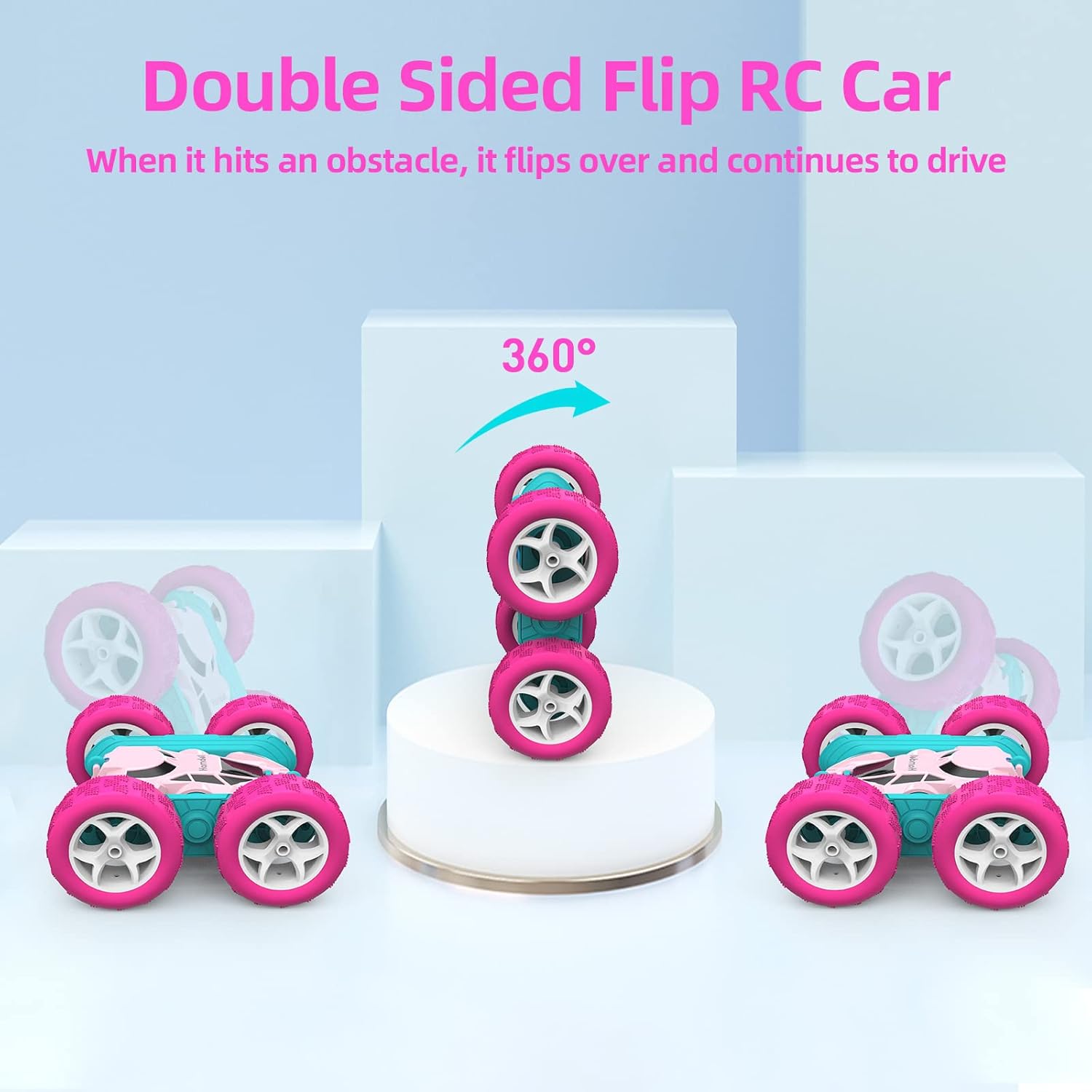 Pink Remote Control Car for Girls, 360° Flipping Stunt Car with LED Headlights, Rechargeable 4WD Electric Toy