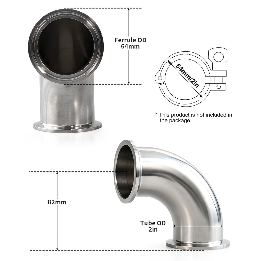2 Pack 90 Degree Sanitary Elbow Stainless Steel Tri Clamp Sanitary Pipe Fitting With Silicone Gaskets (1-1/2inch)