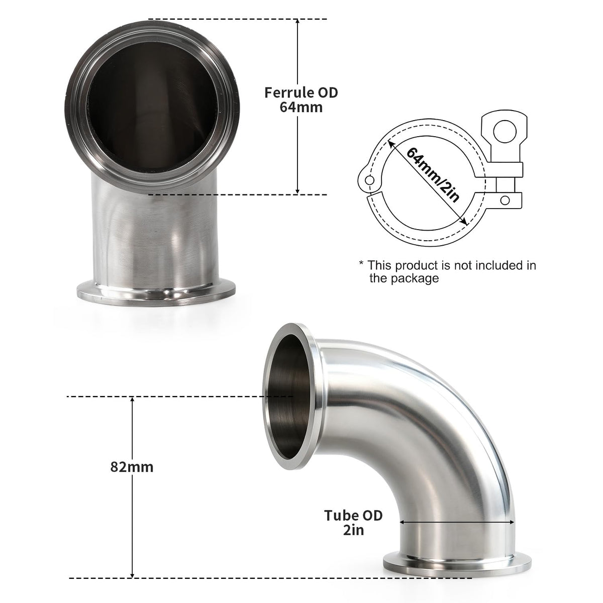 2 Pack 90 Degree Sanitary Elbow Stainless Steel Tri Clamp Sanitary Pipe Fitting With Silicone Gaskets (1-1/2inch)