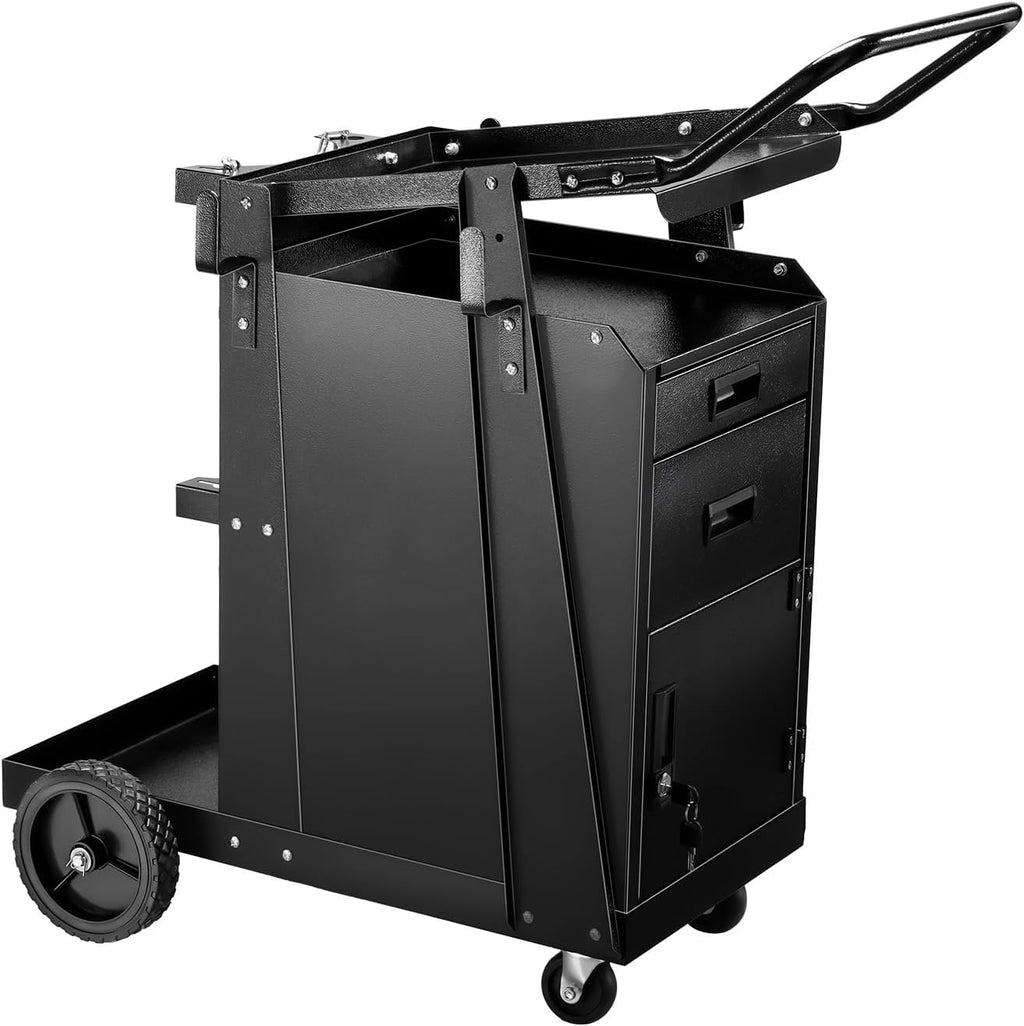 Welding Cart, Heavy Duty, 350LBS Capacity, 2 Drawers & Lockable Cabinet, 360° Wheels, with Safety Chains for Welders