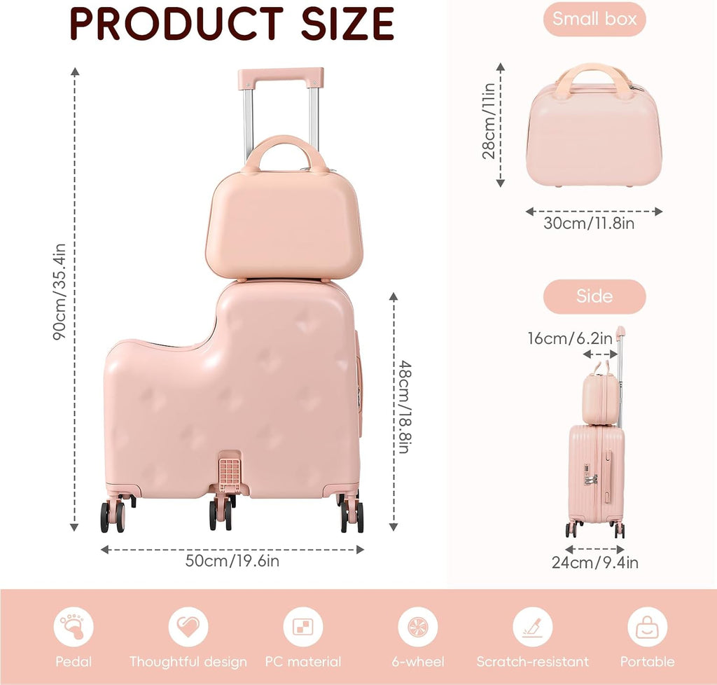 20 Inch Kids Ride On Luggage, Scooter Suitcase with Detachable Small Carry On Case, Hardshell Kids Travel Suitcase