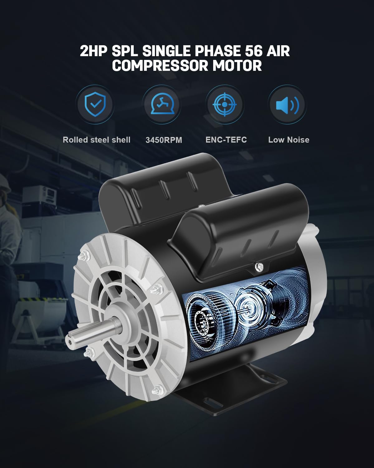 2 HP SPL Air Compressor Motor Single Phase 3450 RPM 115/230V ODP