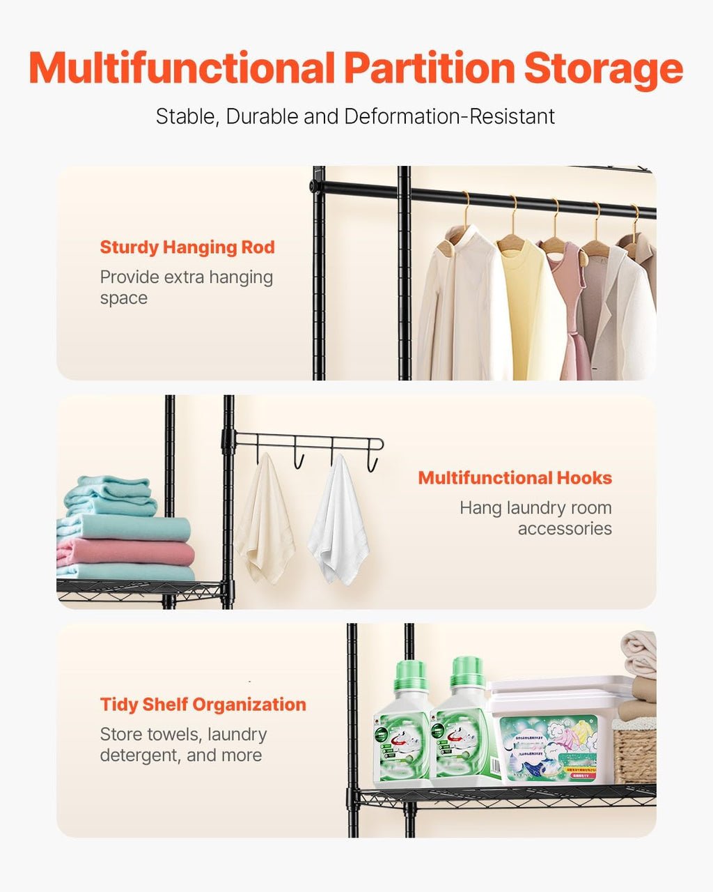 Over Washer and Dryer Storage Shelves, 6 Tiers Laundry Room Drying Rack with Hanger Rod and Hooks, Two Rows