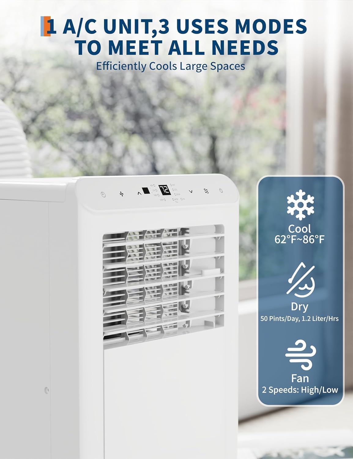 8,000 BTU Portable Air Conditioner, 3-in-1 Portable AC Unit with Cool, Dehumidifier & Fan Modes, Covers Rooms up to