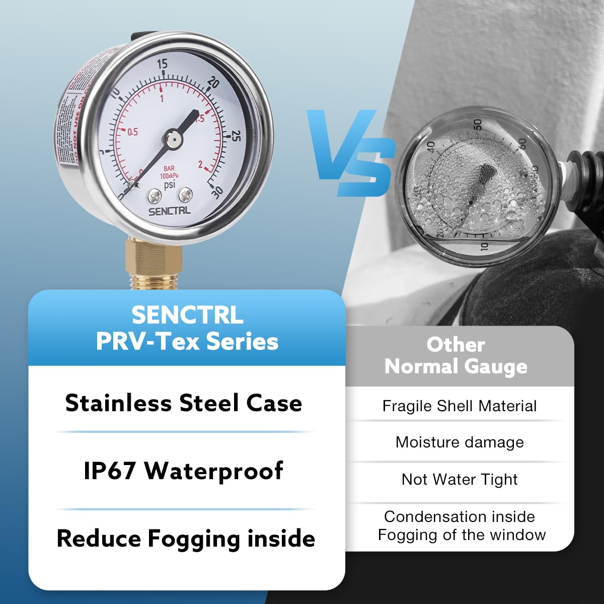 SENCTRL 0-30 Psi Low Pressure Gauge, 1/4 NPT Lower Mount