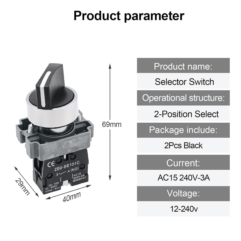 2-Pack Black 2-Position Metal Head Selector Switches, 1NO