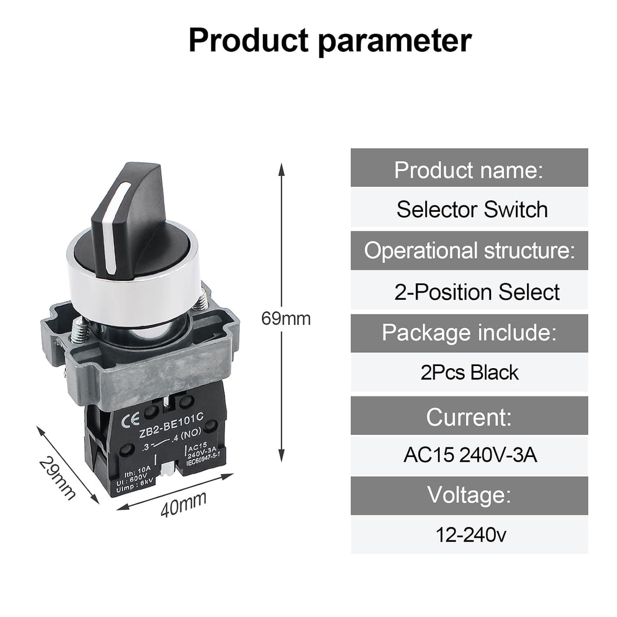 2-Pack Black 2-Position Metal Head Selector Switches, 1NO