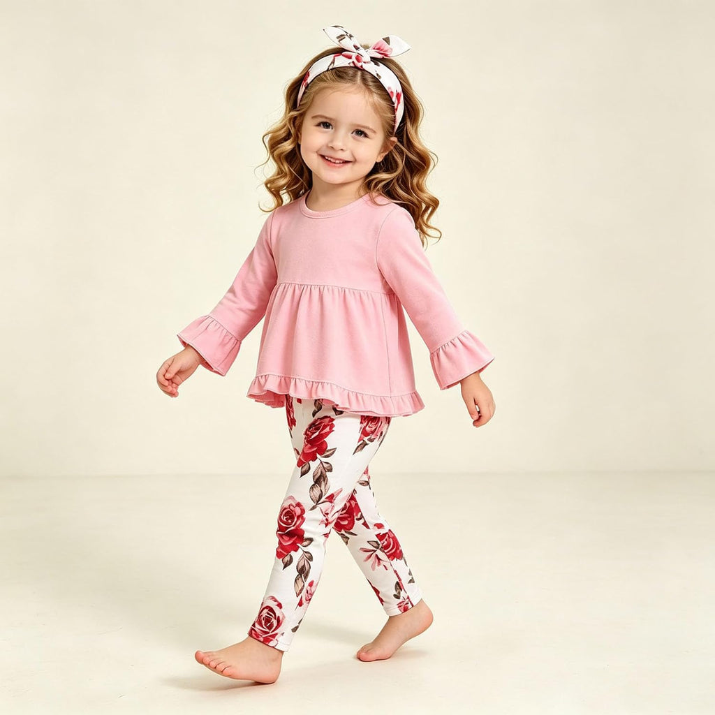 Baby Girl Pink Ruffle Tunic Top and Floral Bell Bottom Pants Set with