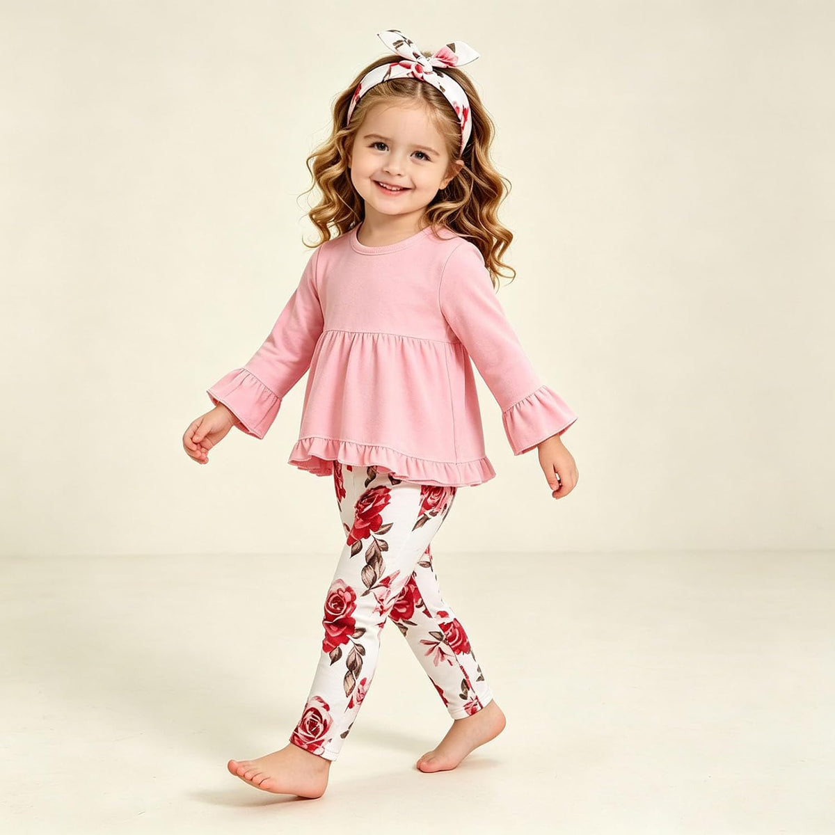 Baby Girl Pink Ruffle Tunic Top and Floral Bell Bottom Pants Set with