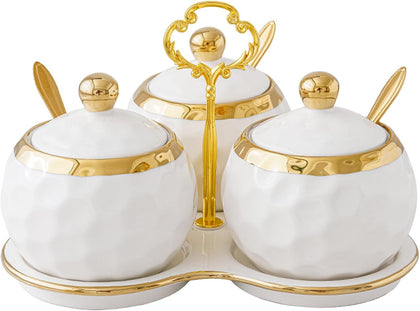 Set of 3 Porcelain Condiment Pot Sugar Bowl with Lid, Spoon and Tray, Modern Ceramic Seasoning Jars Salt Container