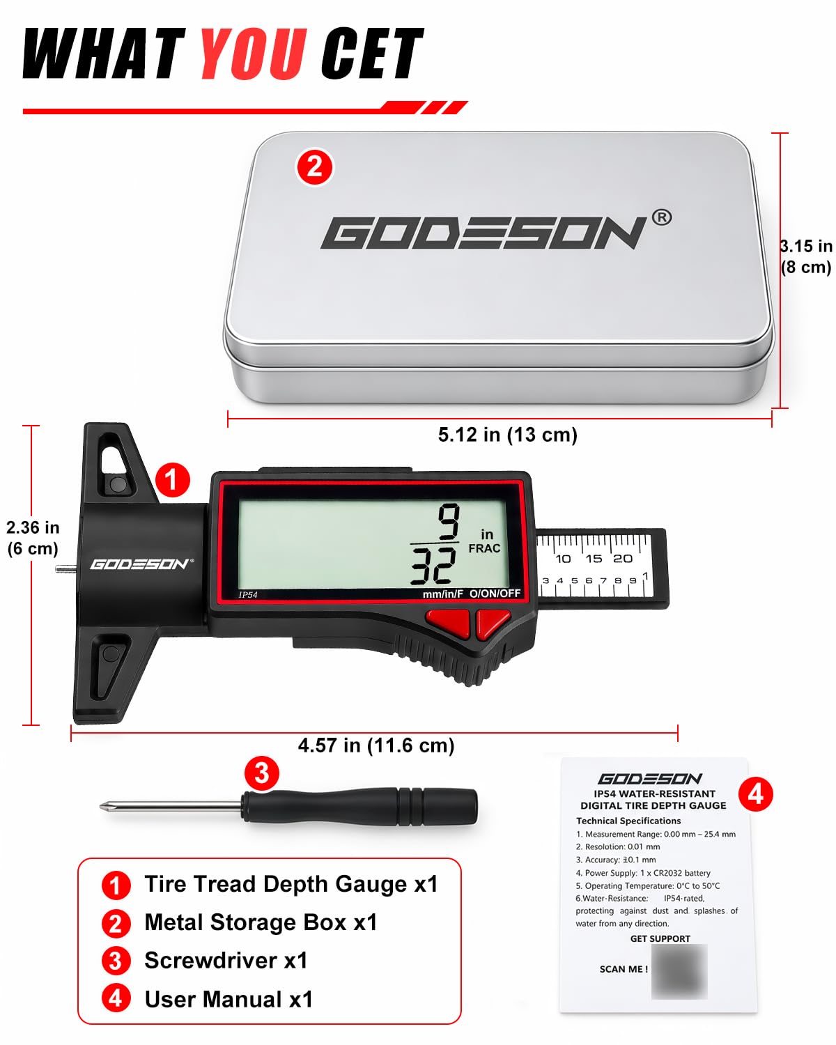 GODESON Digital Tire Tread Depth Gauge, 2.5" Large LCD Display, 0–1" Range