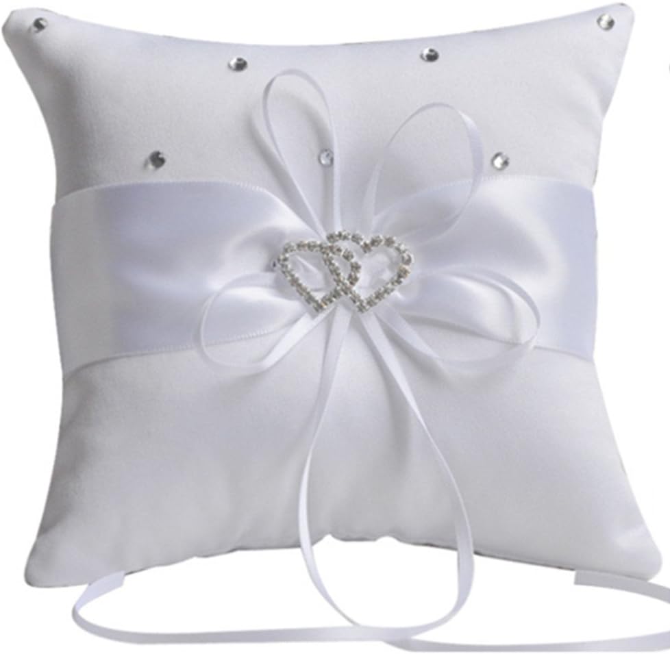 7.8" Satin Double Hearts Decoration Wedding Ring Bearer Pillow (White)