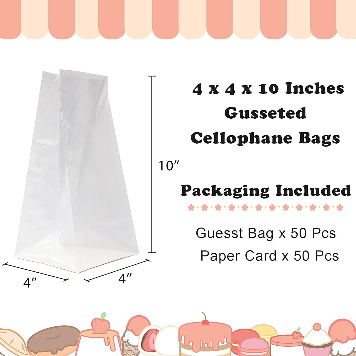Gusseted Flat Bottom Cellophane Bags 4x4x10 In 50Pcs