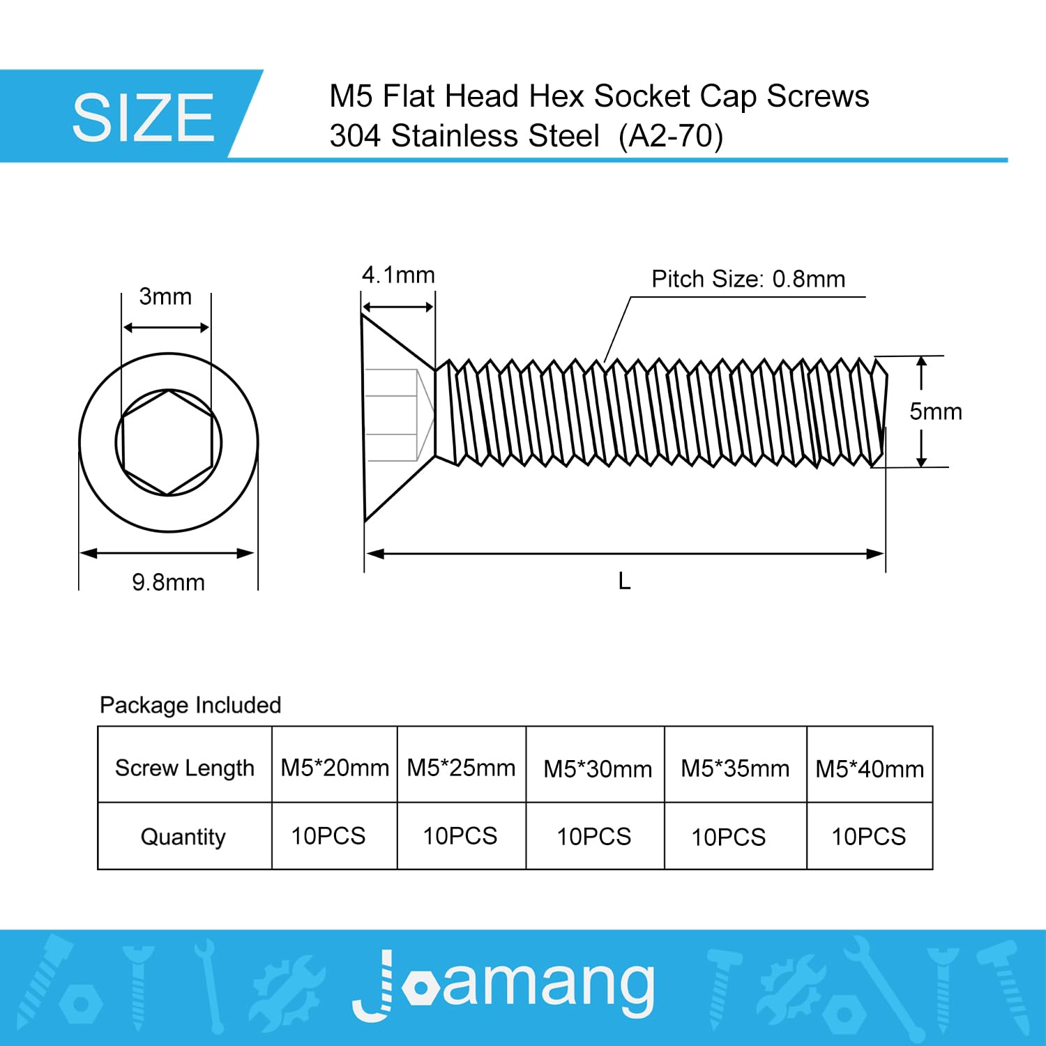 M5 x 20mm 25mm 30mm 35mm 40mm Flat Head Hex Socket Cap Screws Countersunk Bolts, Stainless Steel 304, Metric Allen