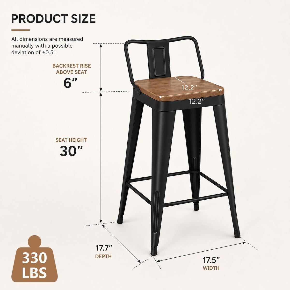 Metal Bar Stools Set of 4, 30" Black Bar Height Stools with Back