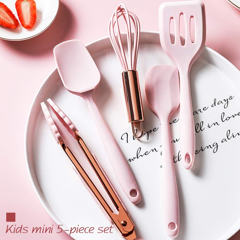 Rose Gold And Pink Kitchen Utensil Small Five-Piece Set Mini Silicone Kids Kitchen Tools Whisk Spatula Tongs Spoon