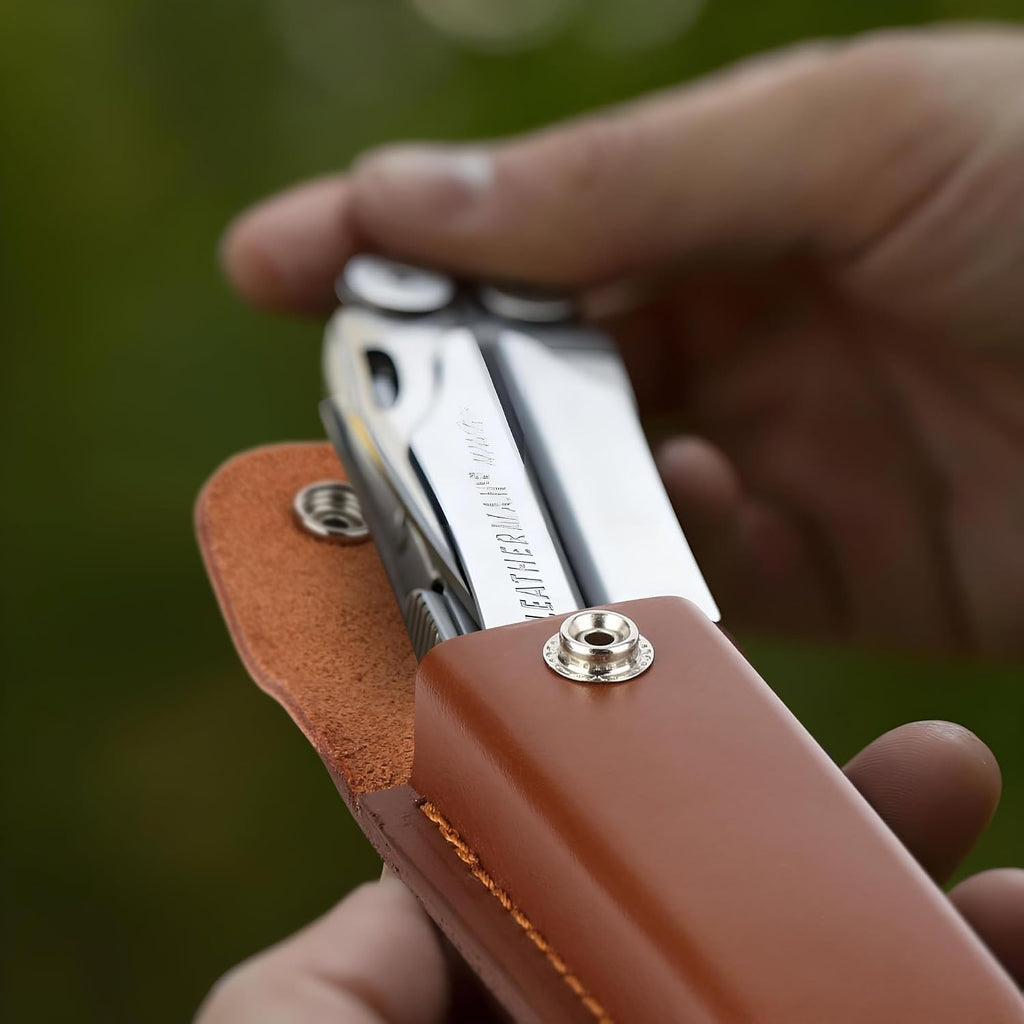 Leather Pocket Knife Sheath for 5-Inch Folding Knives | Brown durable multitool holster with snap closure and belt