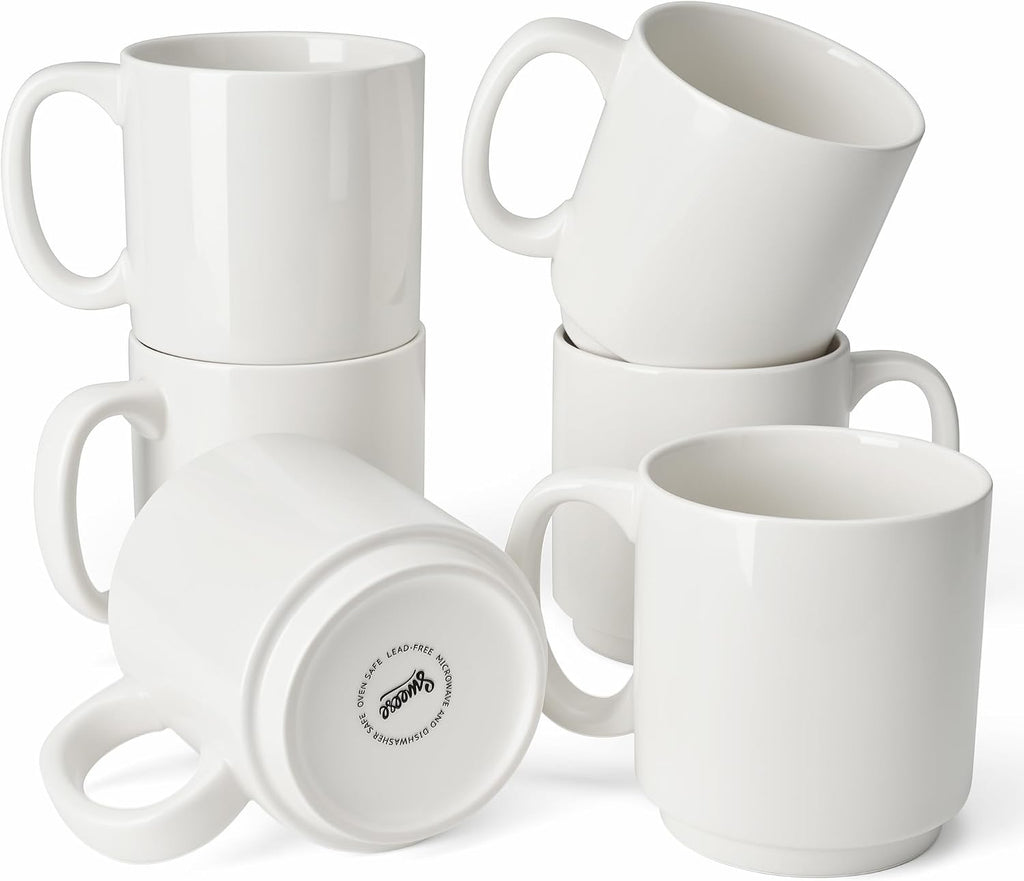 10 Oz Stackable White Coffee Mug, Porcelain Coffee Mugs Sets of 6, Coffee Cups with Handle for Specialty Coffee