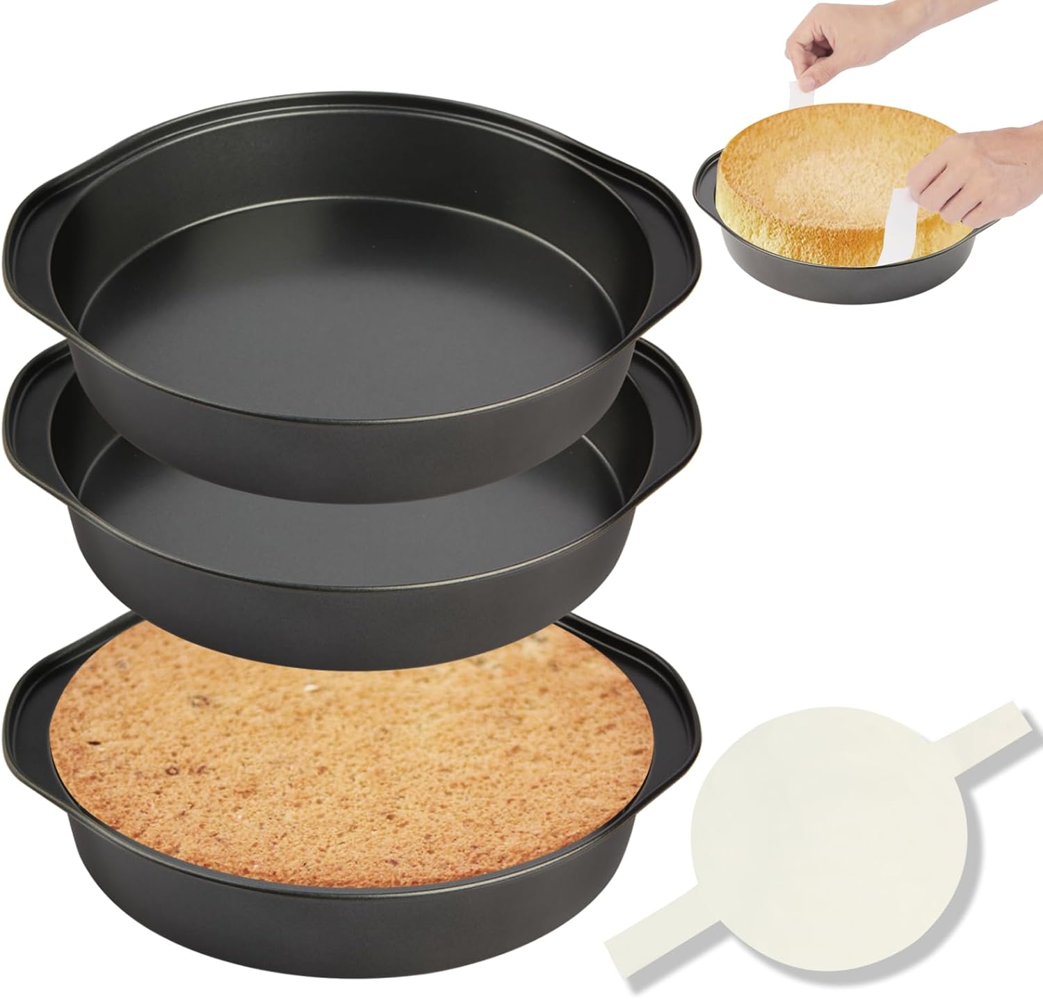 8" Round Cake Pan, 3PCS Nonstick Cake Pans with 100 PCS Parchment Paper, Carbon Steel Cake Baking Pans with Handle