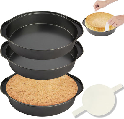 8" Round Cake Pan, 3PCS Nonstick Cake Pans with 100 PCS Parchment Paper, Carbon Steel Cake Baking Pans with Handle