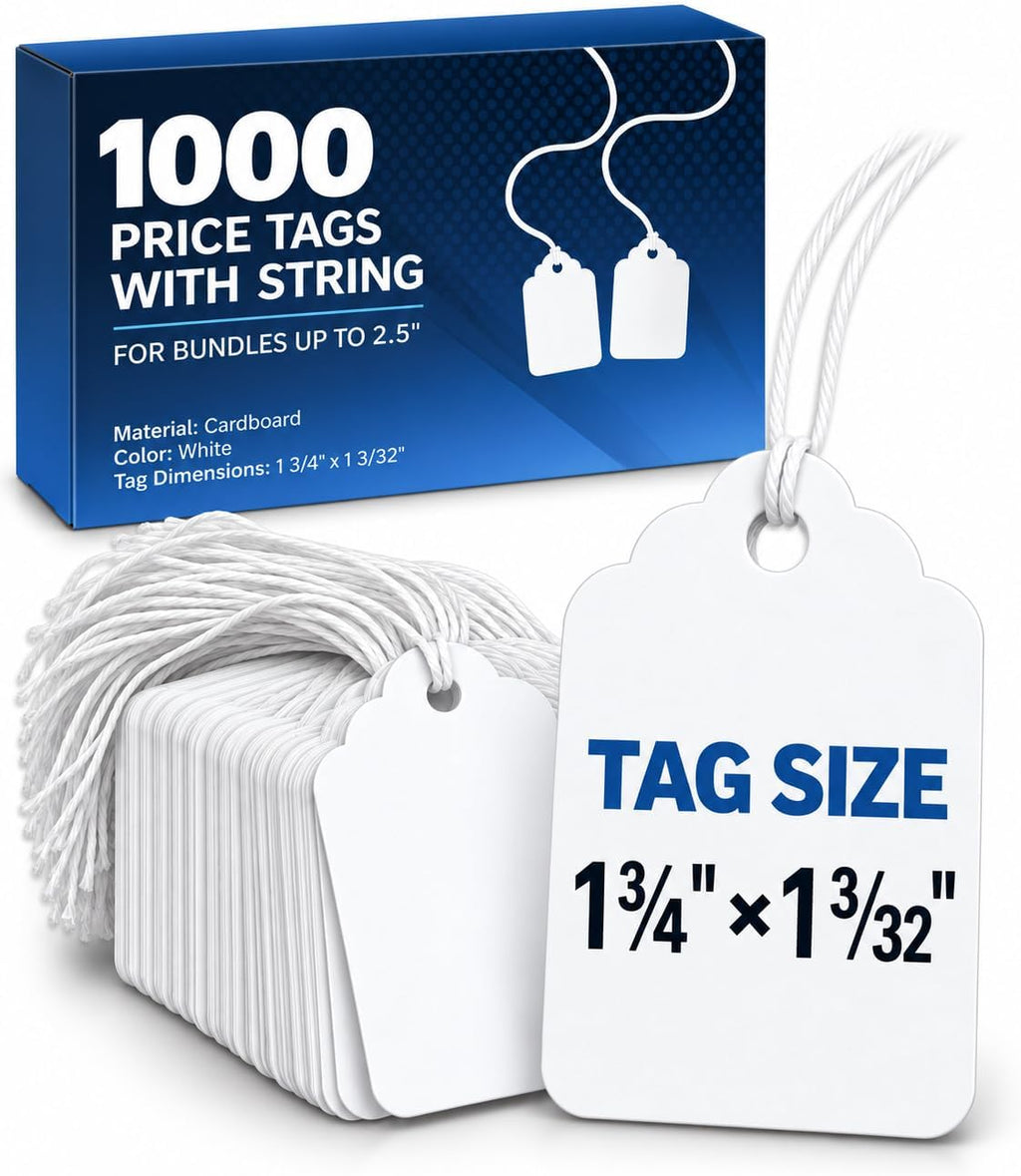 Price Tags with String Attached, 1000 White Tags, 1.75 x 1.09 in