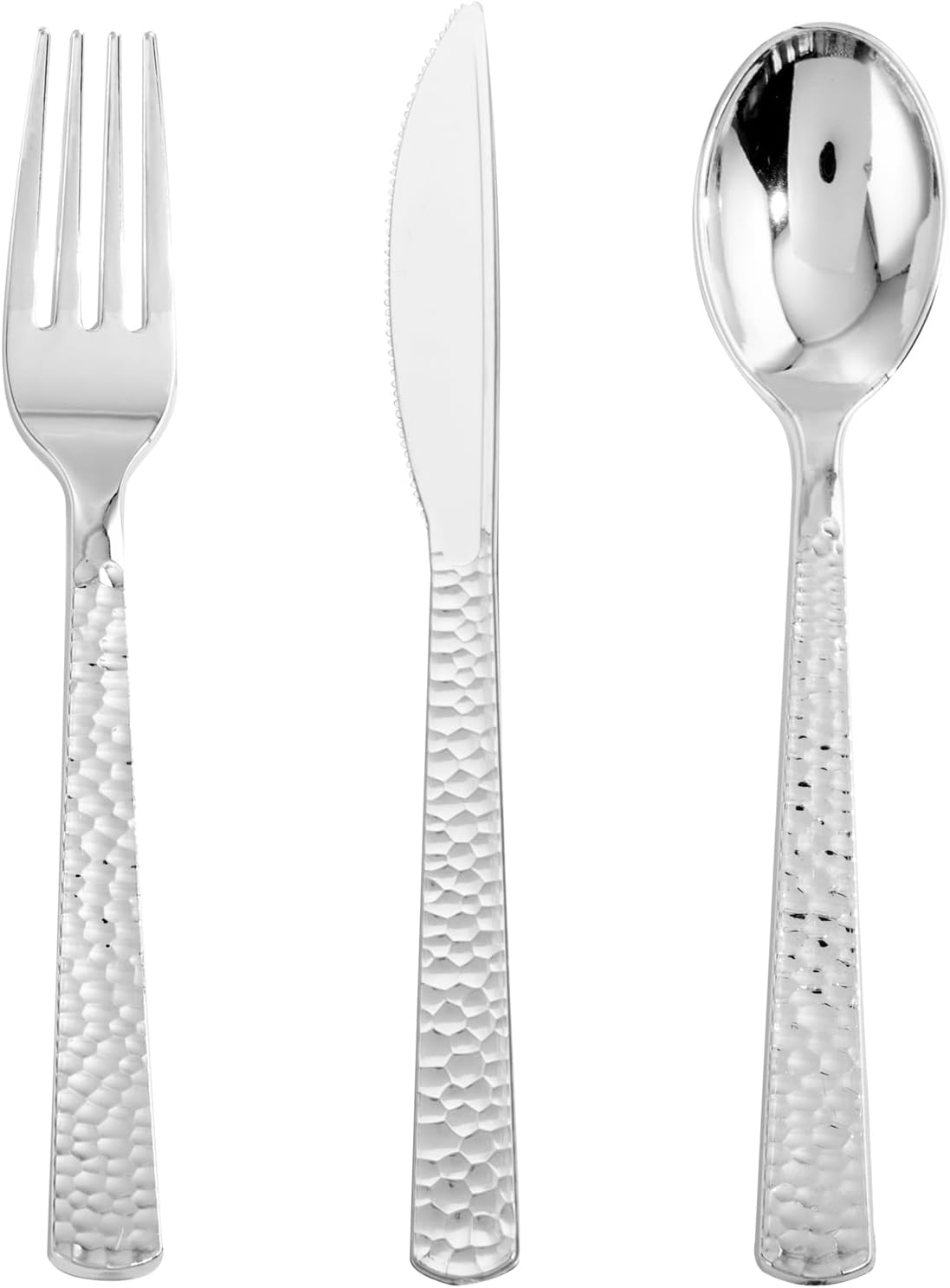 300PCS Hammered Silver Plastic Silverware, Disposable Cutlery Sets