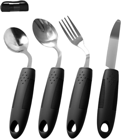 4 Piece 3.5 oz Weighted Adaptive Utensils, 46°Angled Parkinsons Utensils for Elderly, Weighted Utensils for Hand