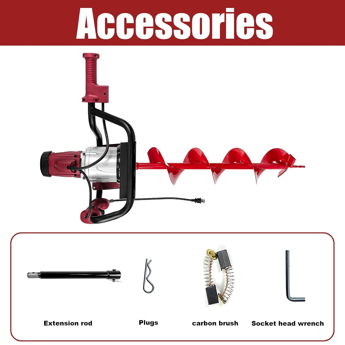 1500W Electric Post Hole Digger with 6" Bit, Red | 110V, 200RPM, 90ft-lb Torque, 6" Bit, Safety Lock, Anti-Vibration
