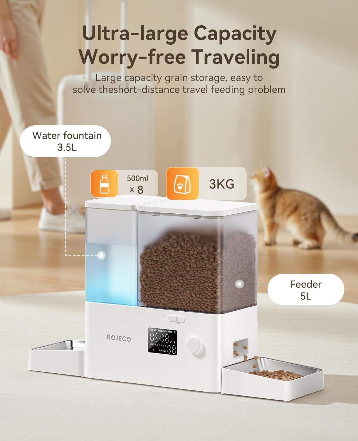Automatic Cat Feeder and Water Dispenser,36Cups/8.5L 2-in-1 Stainless Steel Bowls Large Capacity Cat Food Dispenser