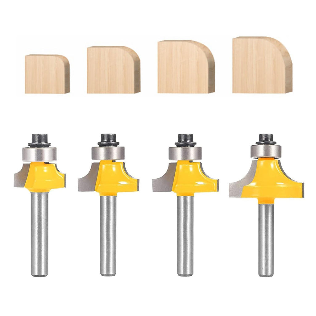 Roundover Router Bit Set，4pcs Router bit Set，1/4 inch Shank，Radius in 1/8", 1/4", 3/16", 5/16"，Bearing Guide for
