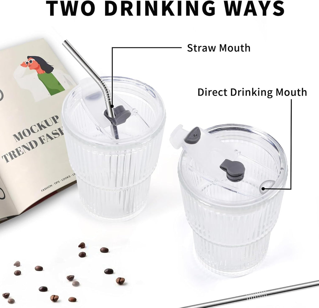 16 OZ Iced Coffee Cups with Lids and Straws Set of 4, Unbreakable Plastic Drinking Glasses Reusable Iced Coffee Glass
