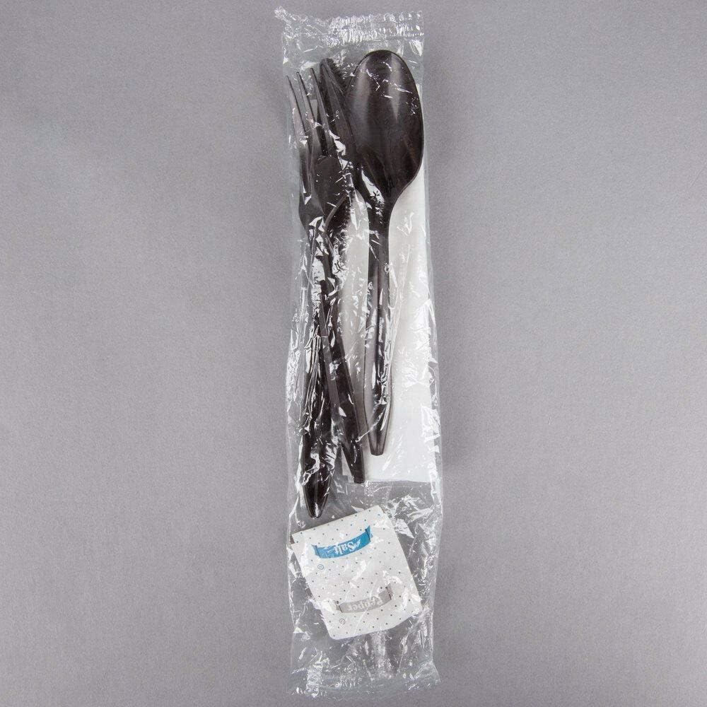50 Plastic Cutlery Packets - Knife Fork Spoon Napkin Salt Pepper Sets | Black Plastic Silverware Sets Individually
