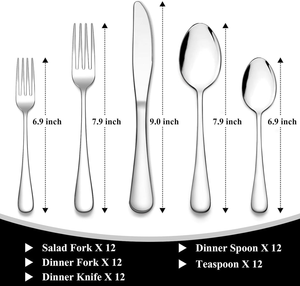 60-Piece Silverware Flatware Cutlery Set, Wildone Stainless Steel Tableware Utensils Service for 12, Include Dinner