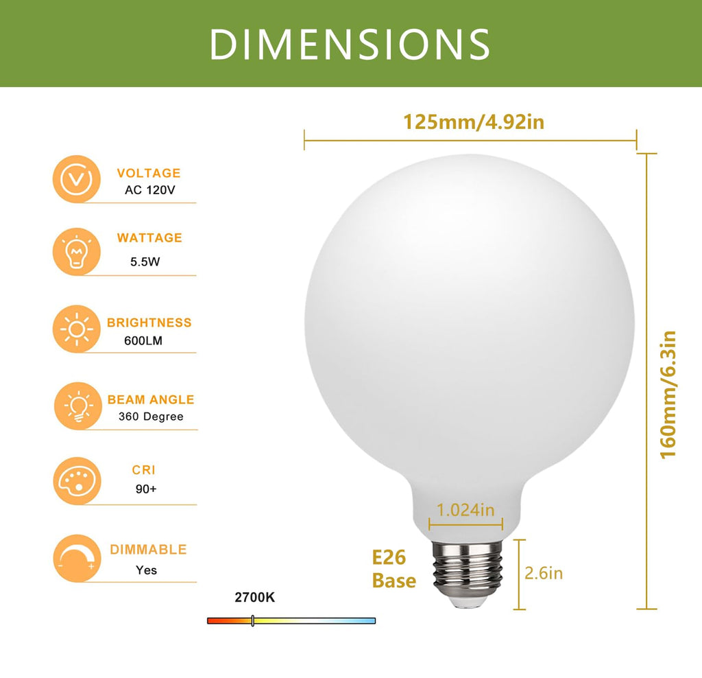 G40 LED Globe Light Bulbs, E26 Base, Warm White 2700K, 2 Pack