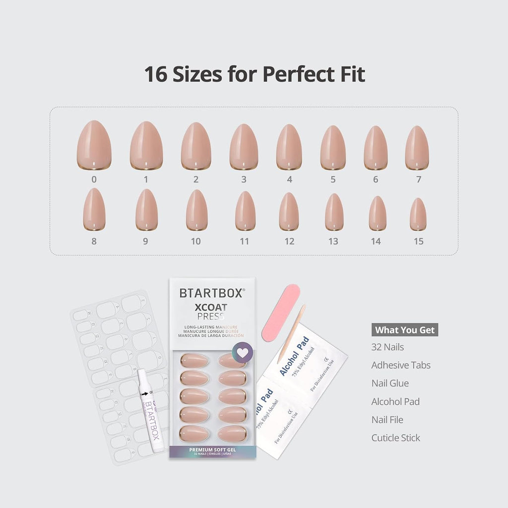 Press On Nails, Almond Short Nude Fake Nails, 32Pcs Full Kit