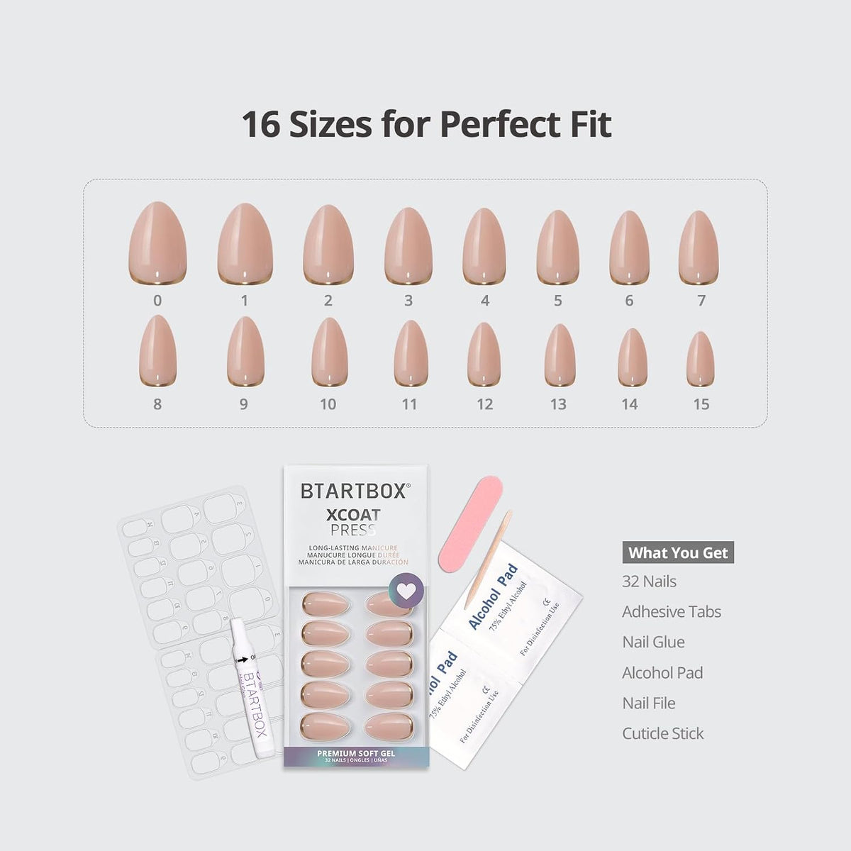 Press On Nails, Almond Short Nude Fake Nails, 32Pcs Full Kit